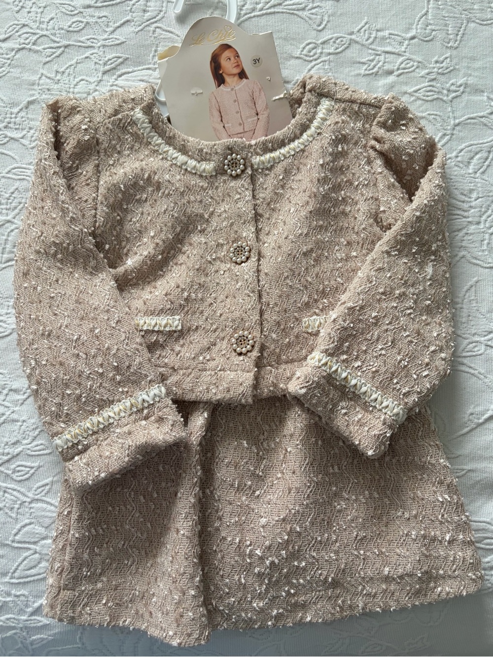 Le chic Girls' Light Pink Tweed Jacket & Skirt Set 3T new